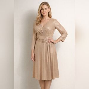 NWT Lauren Ralph Lauren Elegant Champagne Gold Shimmer Faux Wrap Dress. Size 12